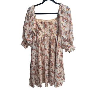 Sweet Lemon Floral Gold Foil Puff Sleeve Mini Dress Pink Mauve SLD1085-2 Medium